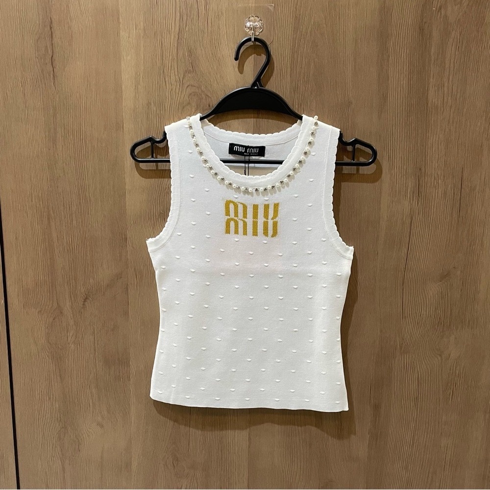Miu Miu White Pearl-Trim Sleeveless Knit Tank with Gold Logo